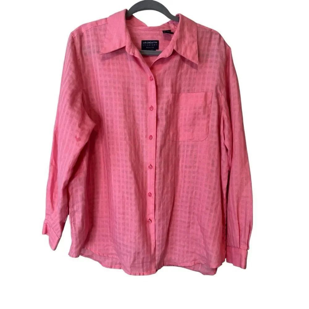 Liz Claiborne Button Down Top Womens PL Collared 100% Linen Sz PL